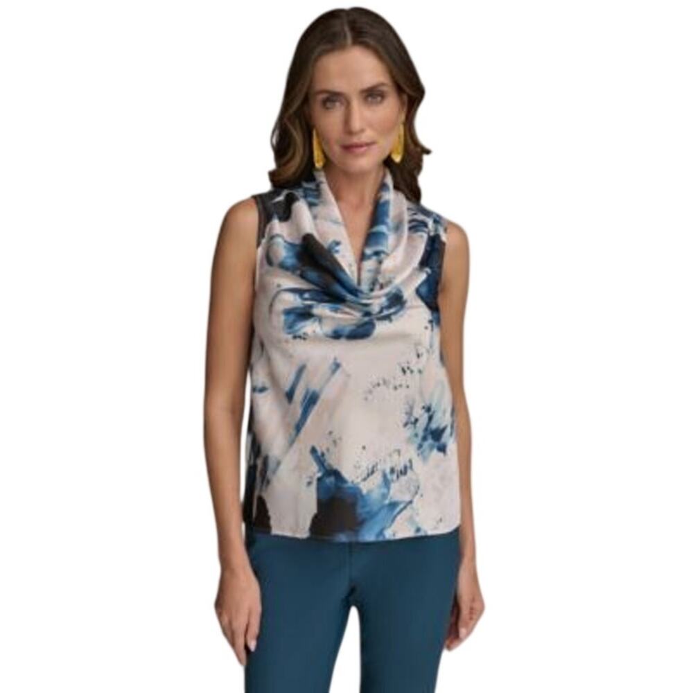 Donna Karan New York Women's Sleeveless Printed Cowlneck Top in Cream Multi